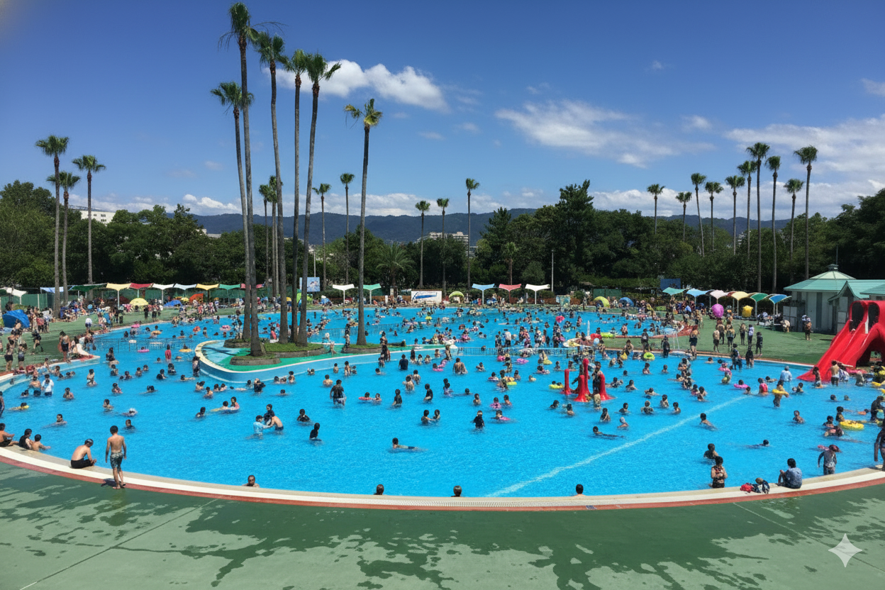 夏空の下、久宝寺緑地の屋外プールで楽しむ家族連れ